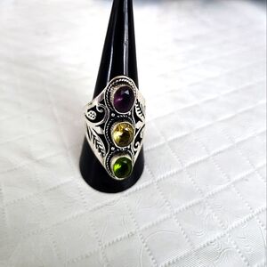 925 Sterling Silver Plated 3 Stones Bohemian Bali Ring